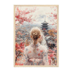 Japanese Kimono Woman Art Print: Pastel Serenity Overlooking Kyoto Pagoda Scene