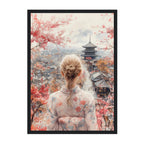 Japanese Kimono Woman Art Print: Pastel Serenity Overlooking Kyoto Pagoda Scene