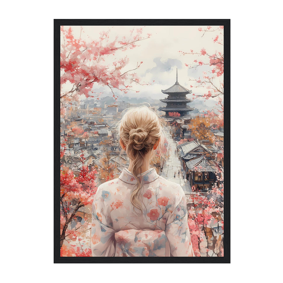 Japanese Kimono Woman Art Print: Pastel Serenity Overlooking Kyoto Pagoda Scene