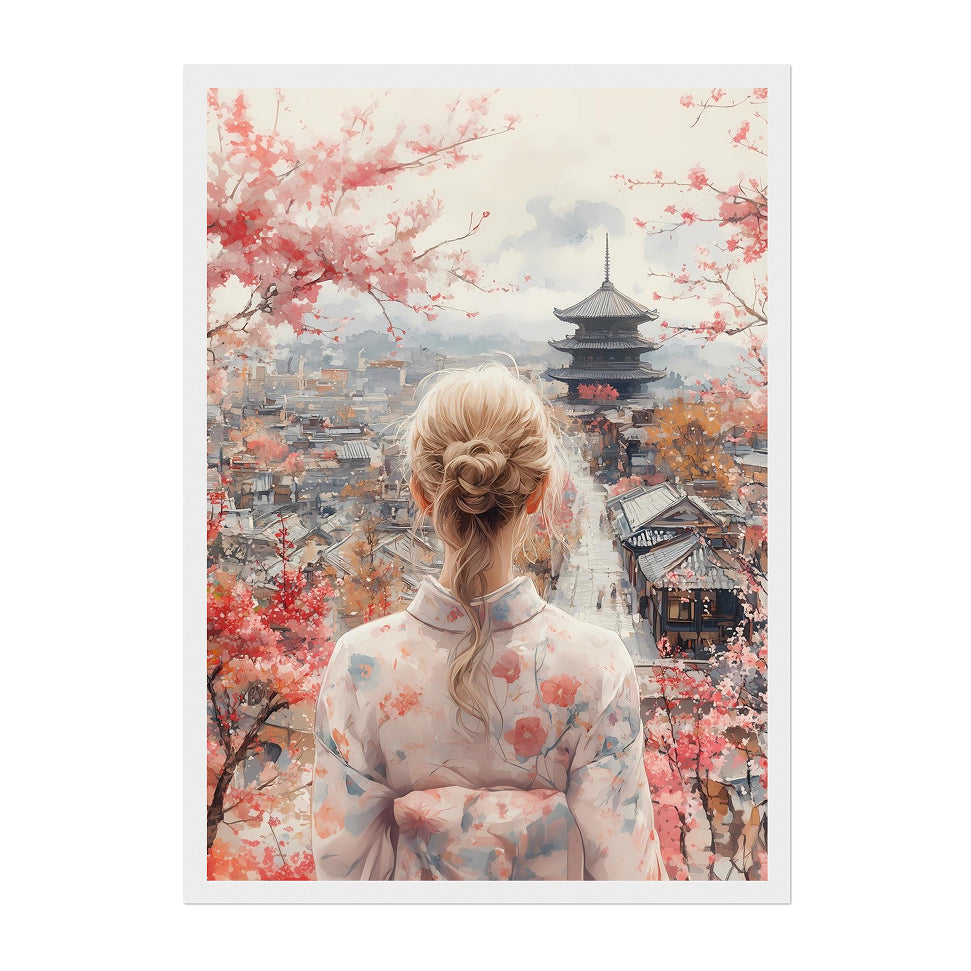 Japanese Kimono Woman Art Print: Pastel Serenity Overlooking Kyoto Pagoda Scene