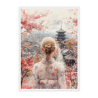Japanese Kimono Woman Art Print: Pastel Serenity Overlooking Kyoto Pagoda Scene