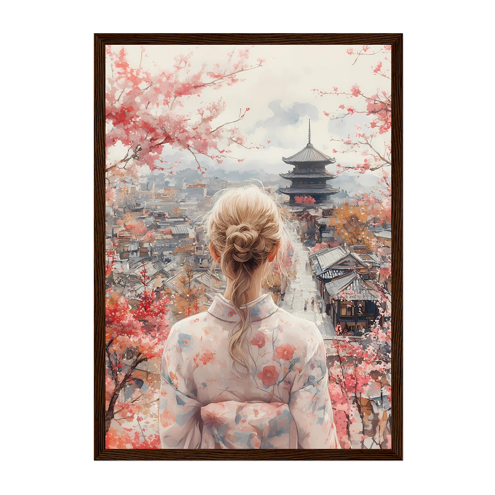 Japanese Kimono Woman Art Print: Pastel Serenity Overlooking Kyoto Pagoda Scene