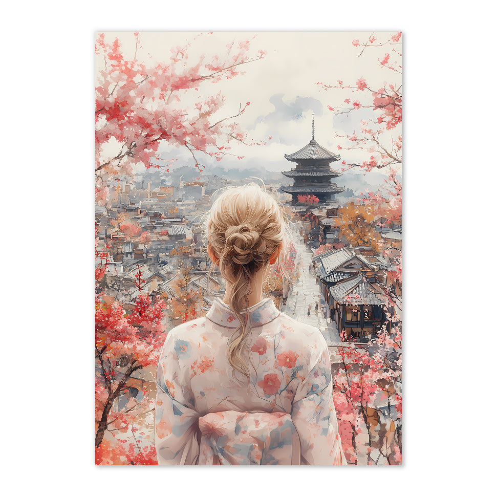 Japanese Kimono Woman Art Print: Pastel Serenity Overlooking Kyoto Pagoda Scene