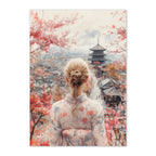 Japanese Kimono Woman Art Print: Pastel Serenity Overlooking Kyoto Pagoda Scene
