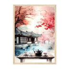 Korean Hanok Tea House Print: Autumn Maple Landscape, Asian Art