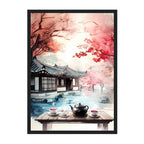 Korean Hanok Tea House Print: Autumn Maple Landscape, Asian Art
