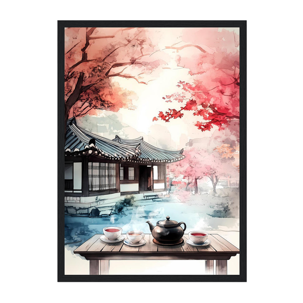 Korean Hanok Tea House Print: Autumn Maple Landscape, Asian Art