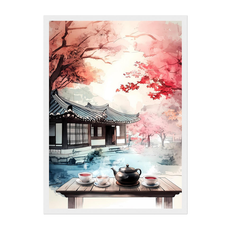 Korean Hanok Tea House Print: Autumn Maple Landscape, Asian Art