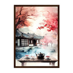 Korean Hanok Tea House Print: Autumn Maple Landscape, Asian Art