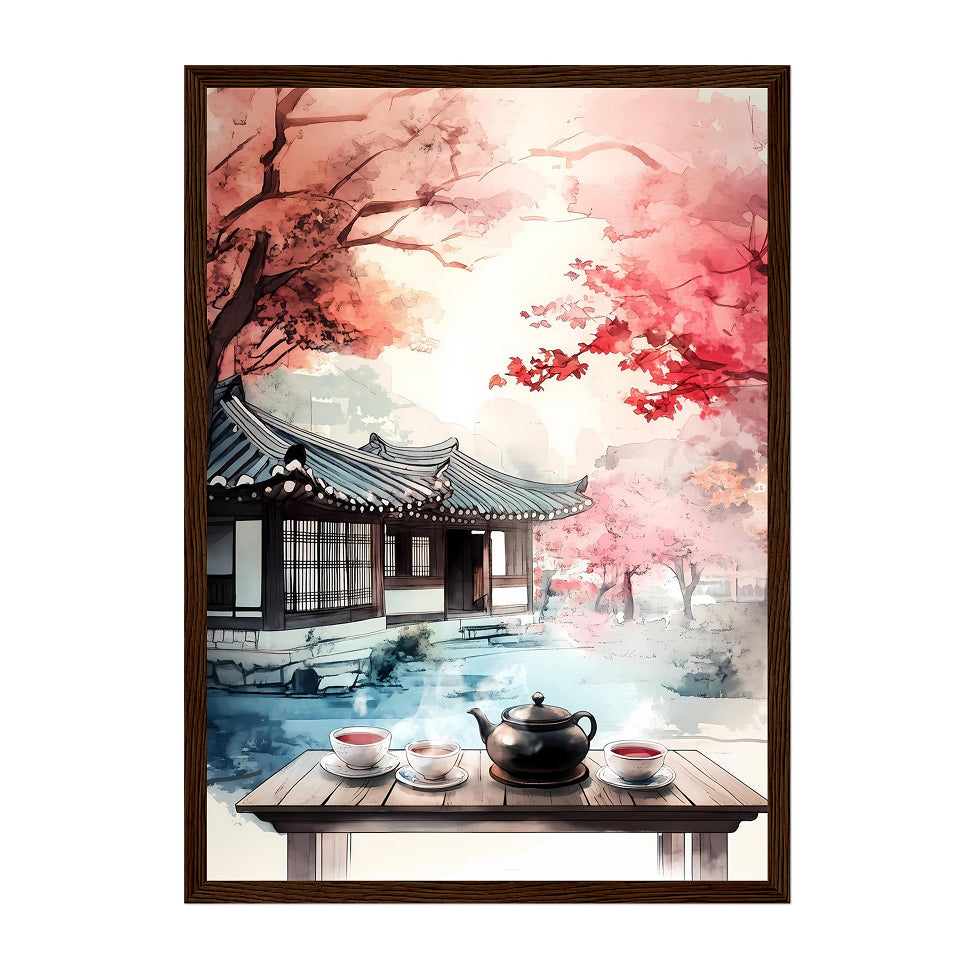 Korean Hanok Tea House Print: Autumn Maple Landscape, Asian Art