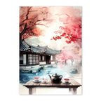 Korean Hanok Tea House Print: Autumn Maple Landscape, Asian Art