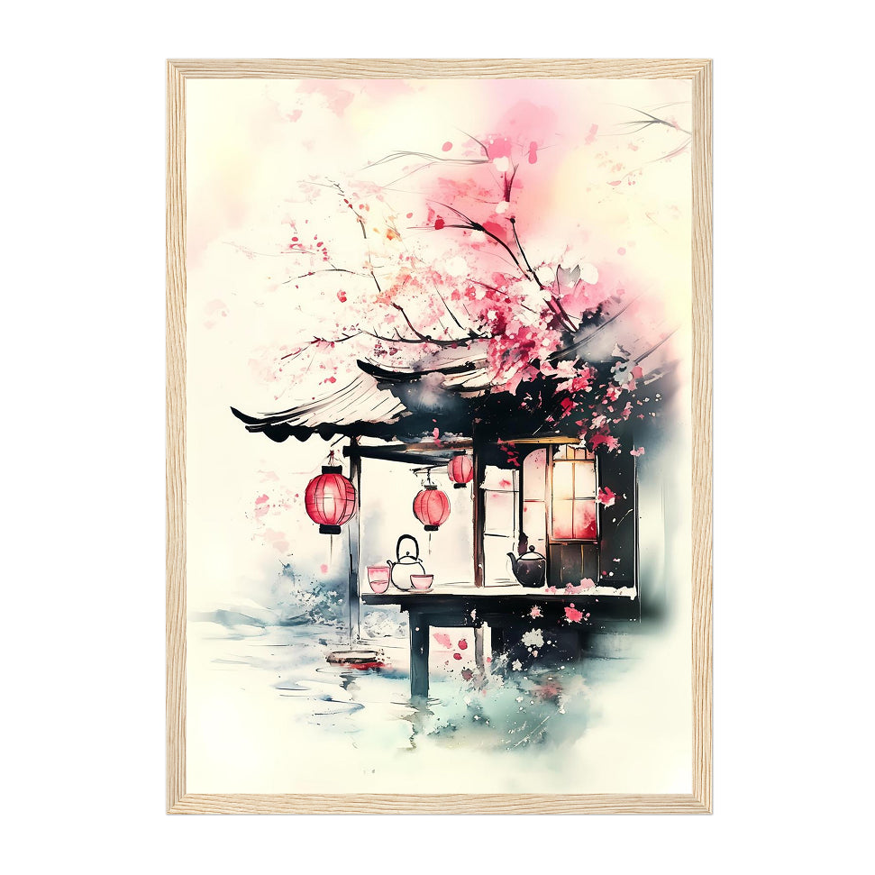 Cherry Blossom Tea House Print: Zen Japanese Wall Art, Calming Home Decor