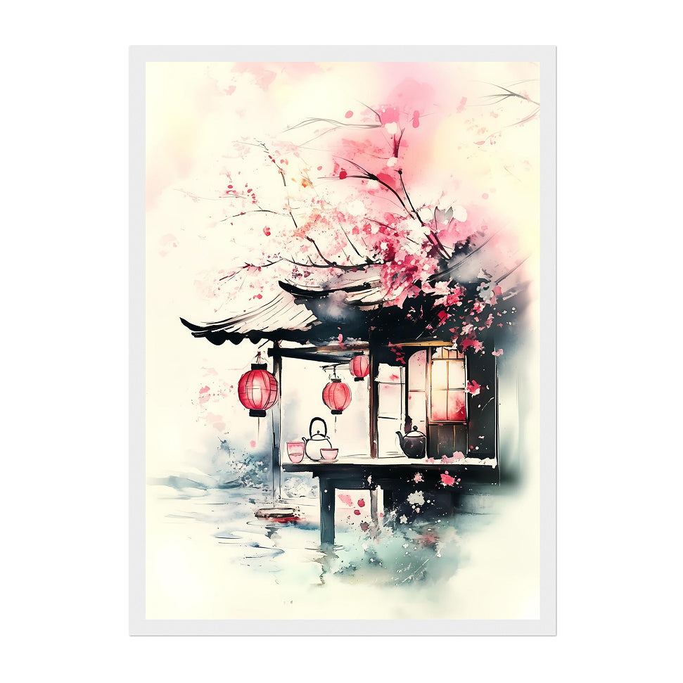 Cherry Blossom Tea House Print: Zen Japanese Wall Art, Calming Home Decor