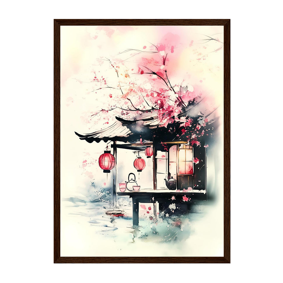 Cherry Blossom Tea House Print: Zen Japanese Wall Art, Calming Home Decor