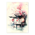 Artistic depiction of a Japanese teahouse with cherry blossoms and lanterns on a light background