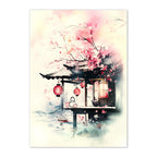 Artistic depiction of a Japanese teahouse with cherry blossoms and lanterns on a light background