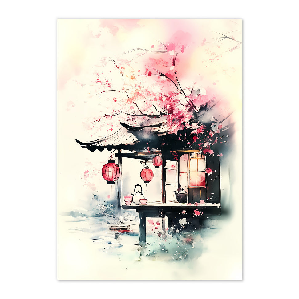 Artistic depiction of a Japanese teahouse with cherry blossoms and lanterns on a light background