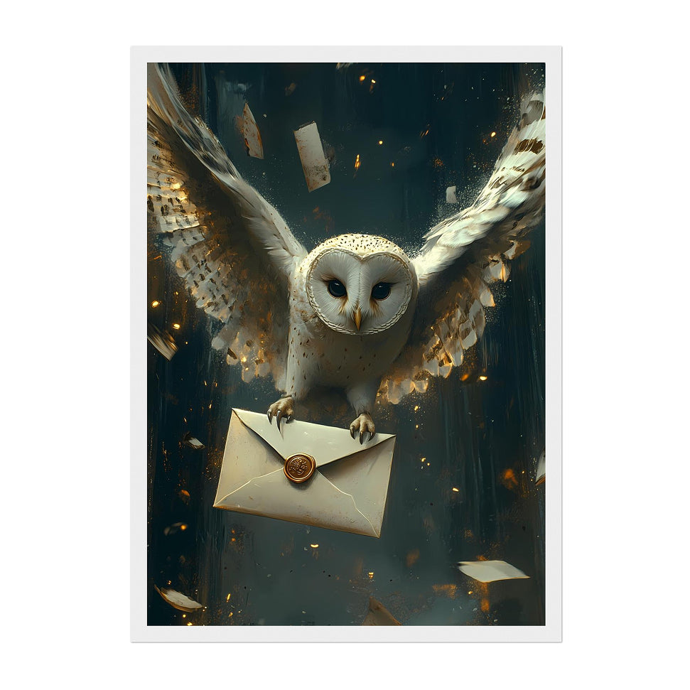 Hogwarts Letter Owl Art Print: Enchanted Midnight Flight With Golden Glow And Wizarding Fantasy Mood