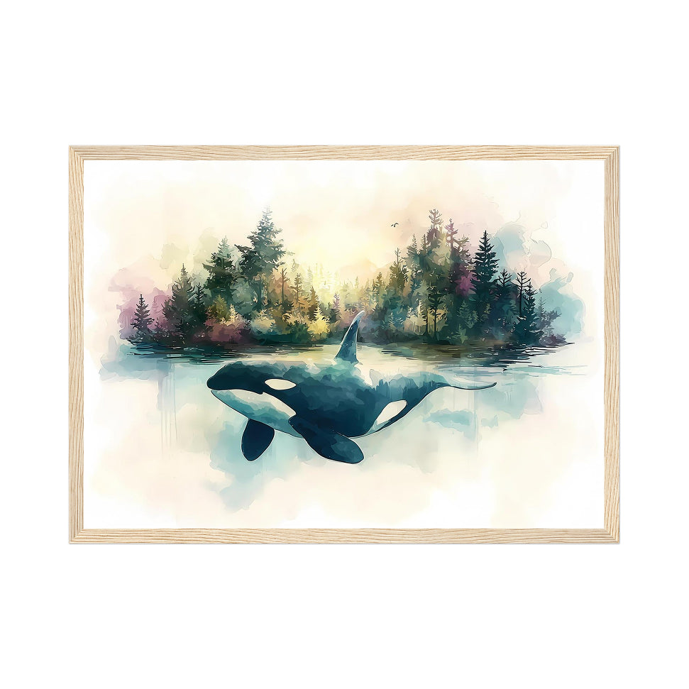 Watercolor Orca Whale Print: Forest Ocean Art, Nature Painting