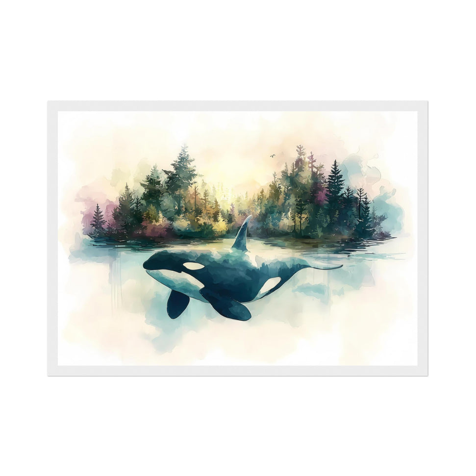 Watercolor Orca Whale Print: Forest Ocean Art, Nature Painting