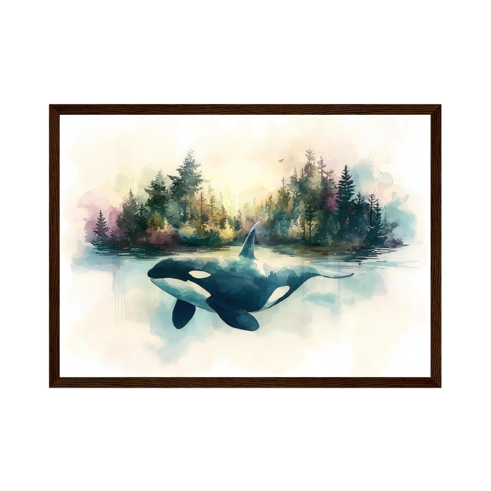 Watercolor Orca Whale Print: Forest Ocean Art, Nature Painting