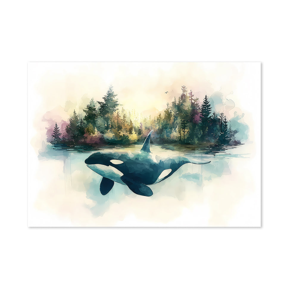 Watercolor Orca Whale Print: Forest Ocean Art, Nature Painting