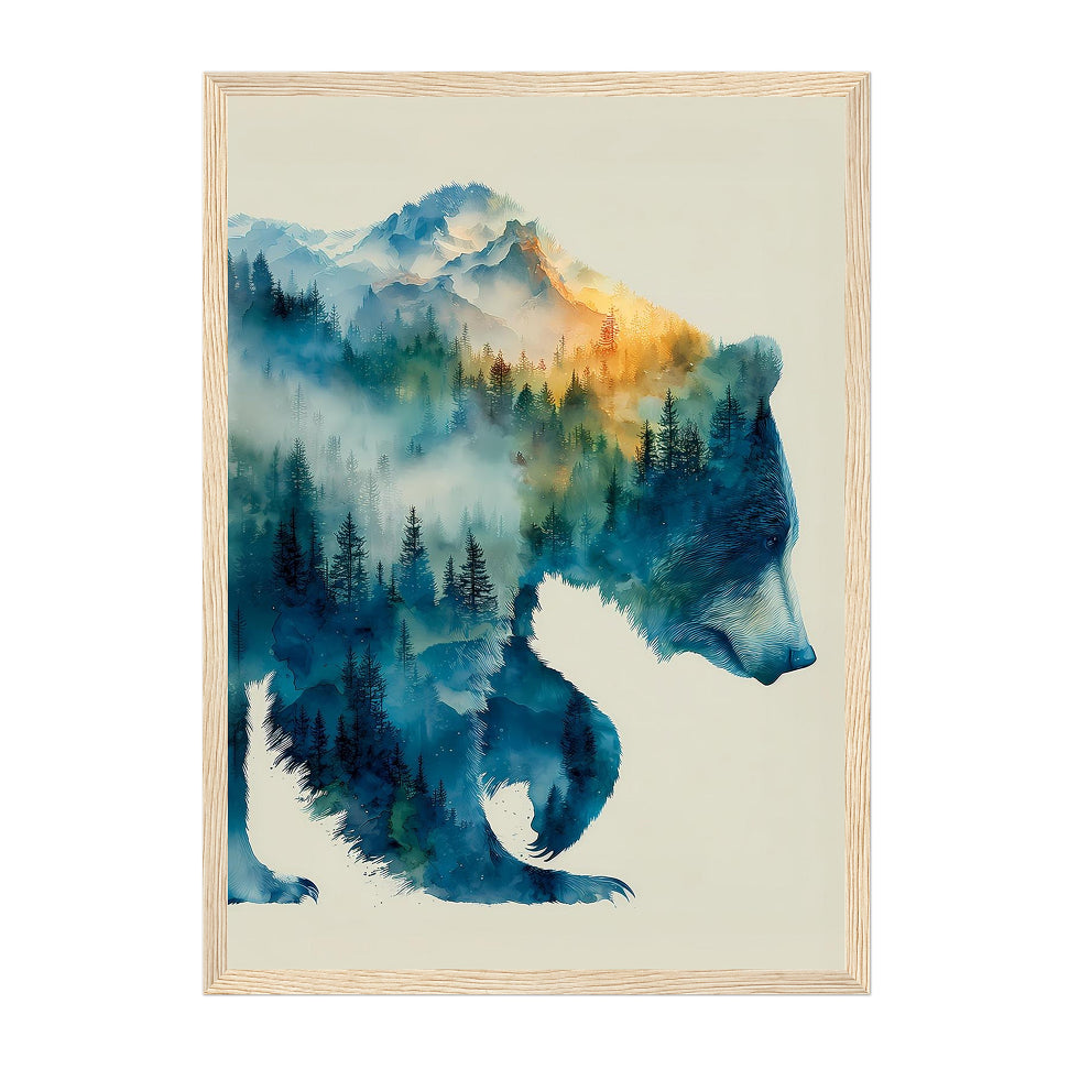 Double-Exposure Watercolor Bear Silhouette Art Print: Blue Forest Landscape