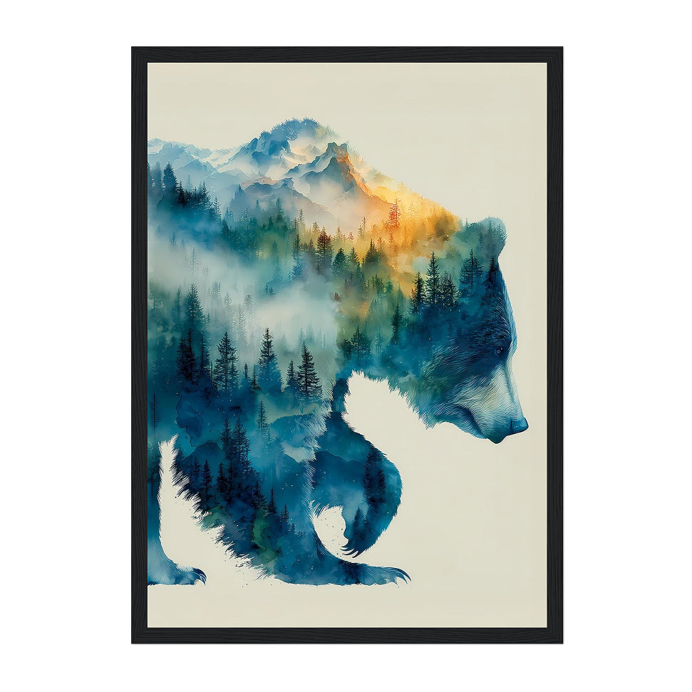 Double-Exposure Watercolor Bear Silhouette Art Print: Blue Forest Landscape