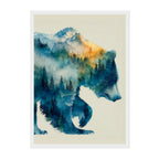 Double-Exposure Watercolor Bear Silhouette Art Print: Blue Forest Landscape