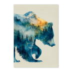 Artistic depiction of a bear with mountain and forest overlay on a beige background