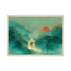 Asian Waterfall Art Print: Green Mountain Sunset Landscape