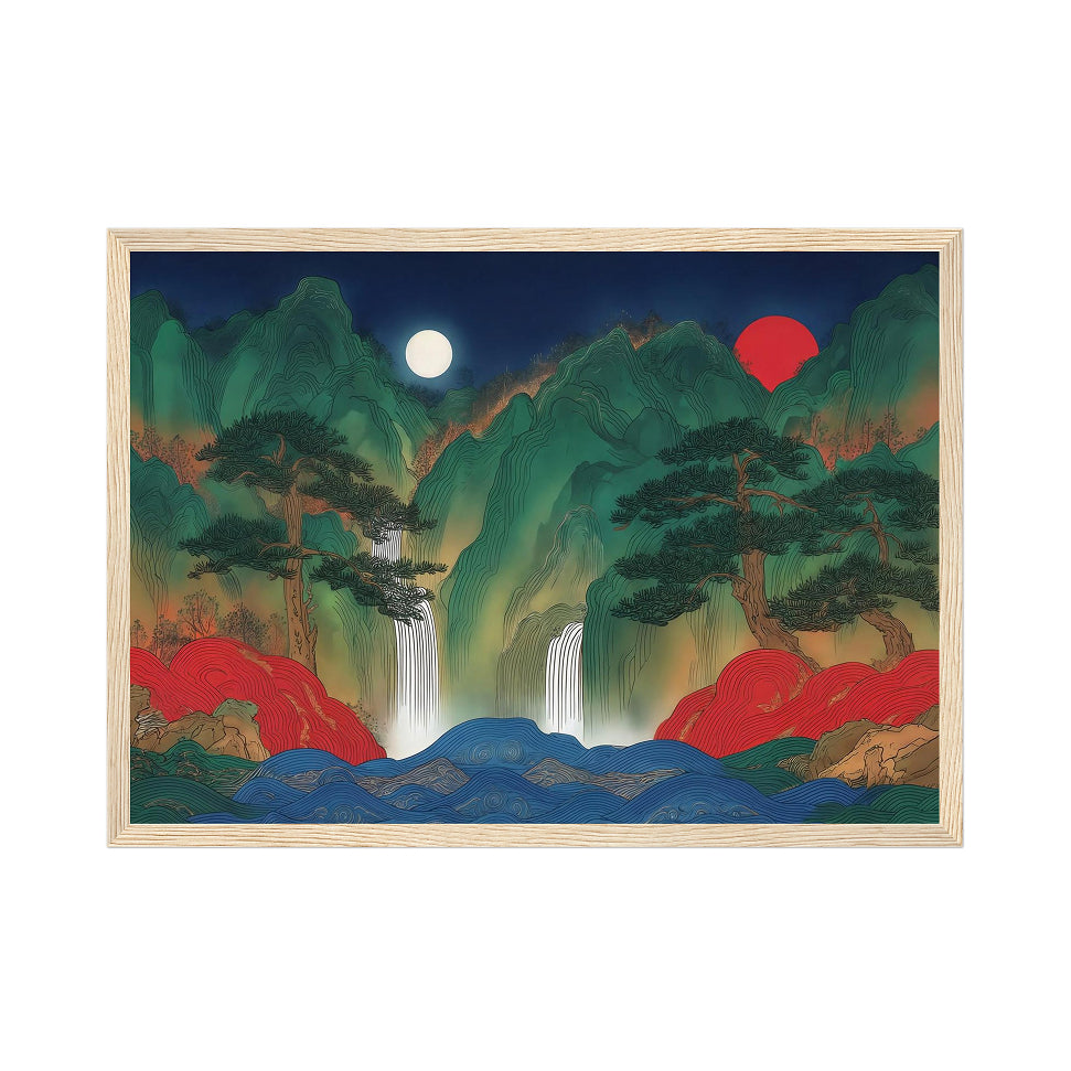 Korean Landscape Art Print: Five Peaks, Waterfall, Sun & Moon