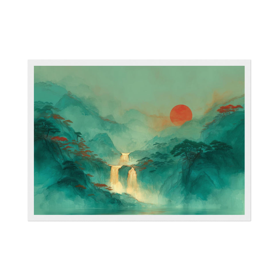 Asian Waterfall Art Print: Green Mountain Sunset Landscape