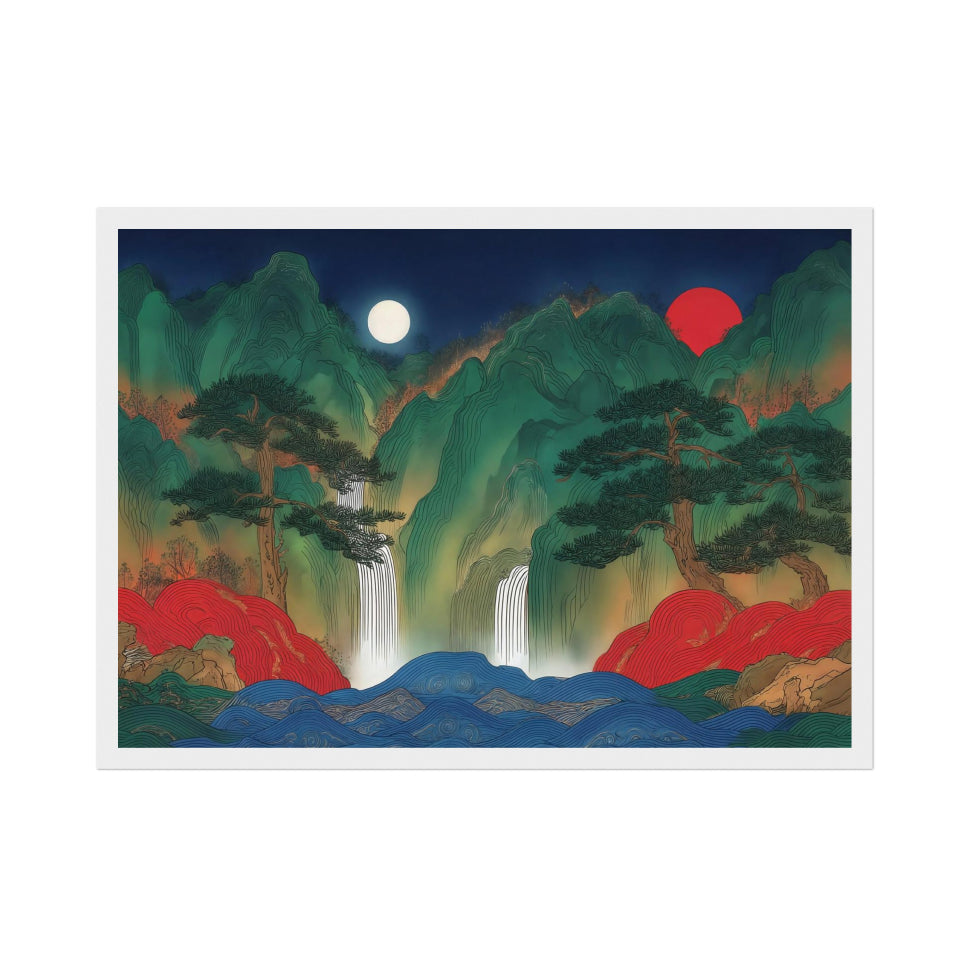 Korean Landscape Art Print: Five Peaks, Waterfall, Sun & Moon