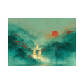 Surreal landscape with a red sun, mountains, and a glowing path.