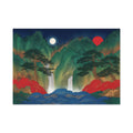 Surreal landscape with mountains, trees, and a red sun on a white background
