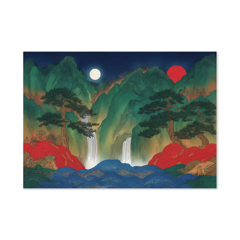 Surreal landscape with mountains, trees, and a red sun on a white background