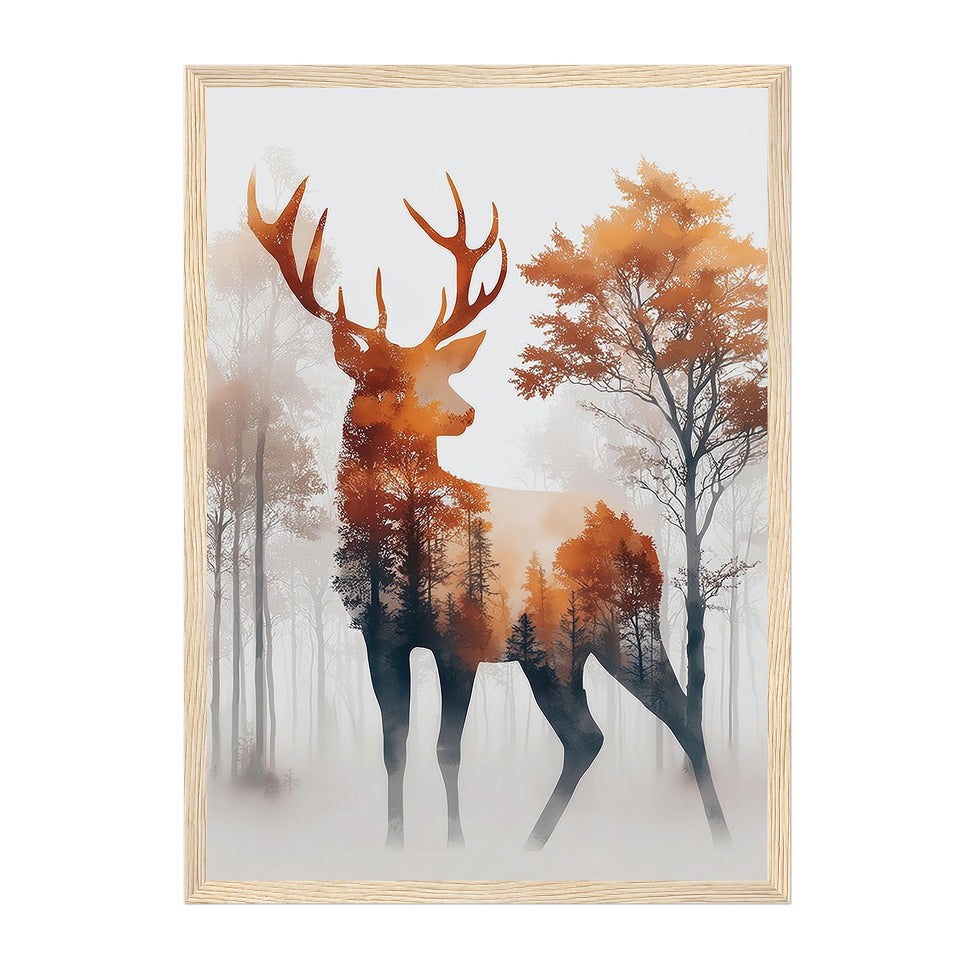 Double-Exposure Forest Stag Watercolor Print: Misty Forest Silhouette in Warm Autumn Tones