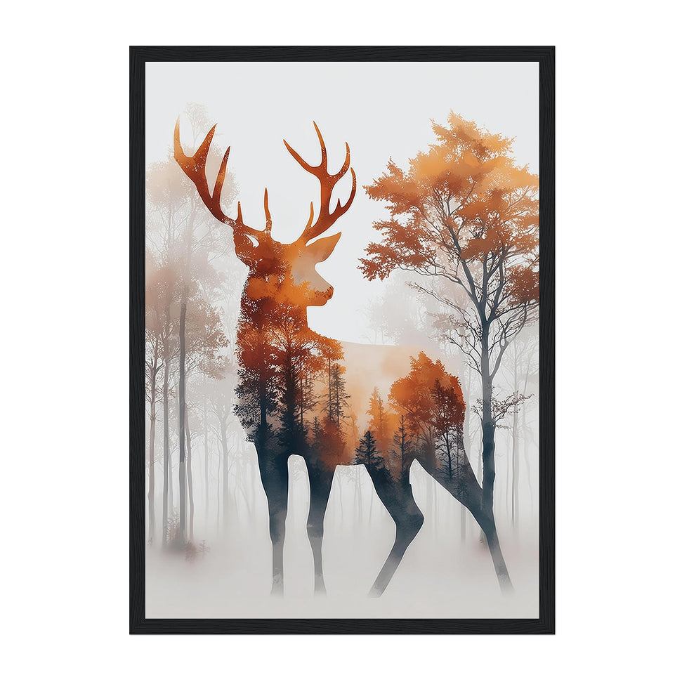 Double-Exposure Forest Stag Watercolor Print: Misty Forest Silhouette in Warm Autumn Tones