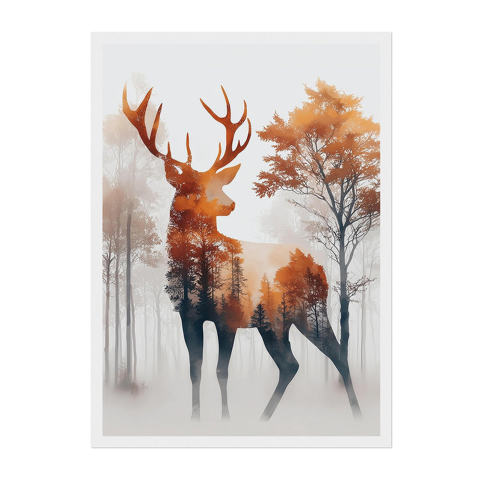 Double-Exposure Forest Stag Watercolor Print: Misty Forest Silhouette in Warm Autumn Tones