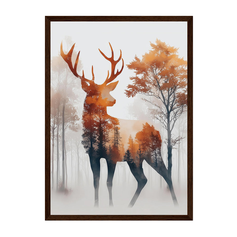 Double-Exposure Forest Stag Watercolor Print: Misty Forest Silhouette in Warm Autumn Tones