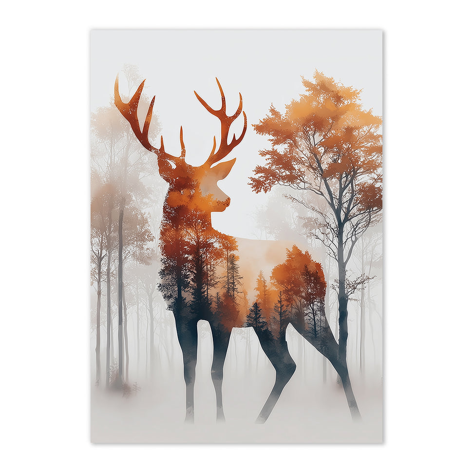 Art print of a deer silhouette in a forest with autumn colors