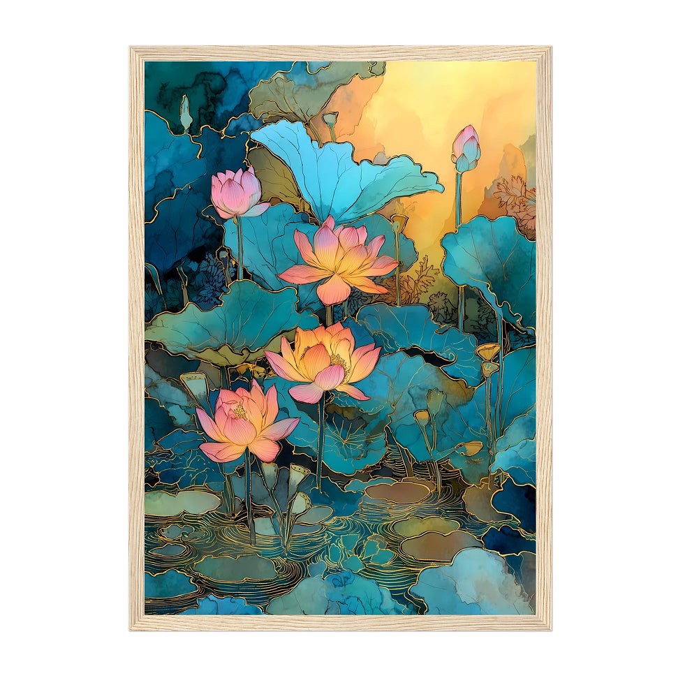 Lotus Pond Art Print: Teal Pink Serene Water Garden Scene