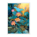Lotus Pond Art Print: Teal Pink Serene Water Garden Scene