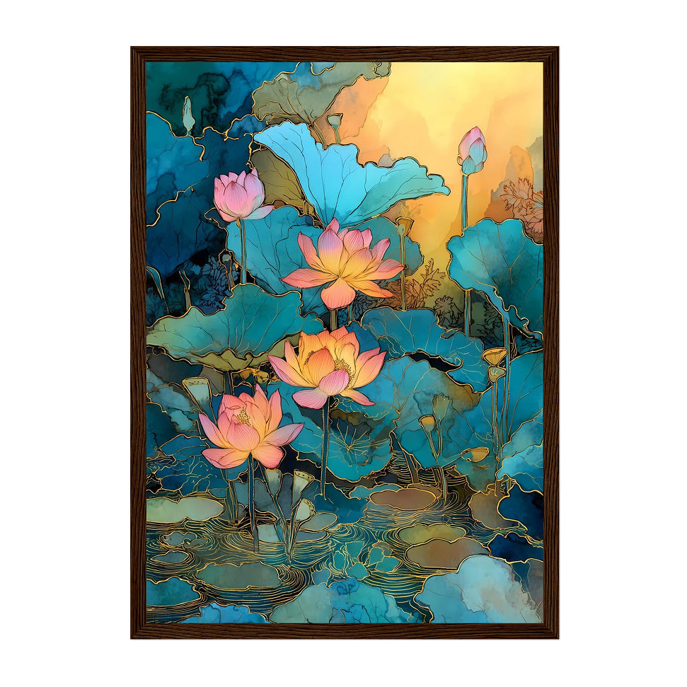 Lotus Pond Art Print: Teal Pink Serene Water Garden Scene