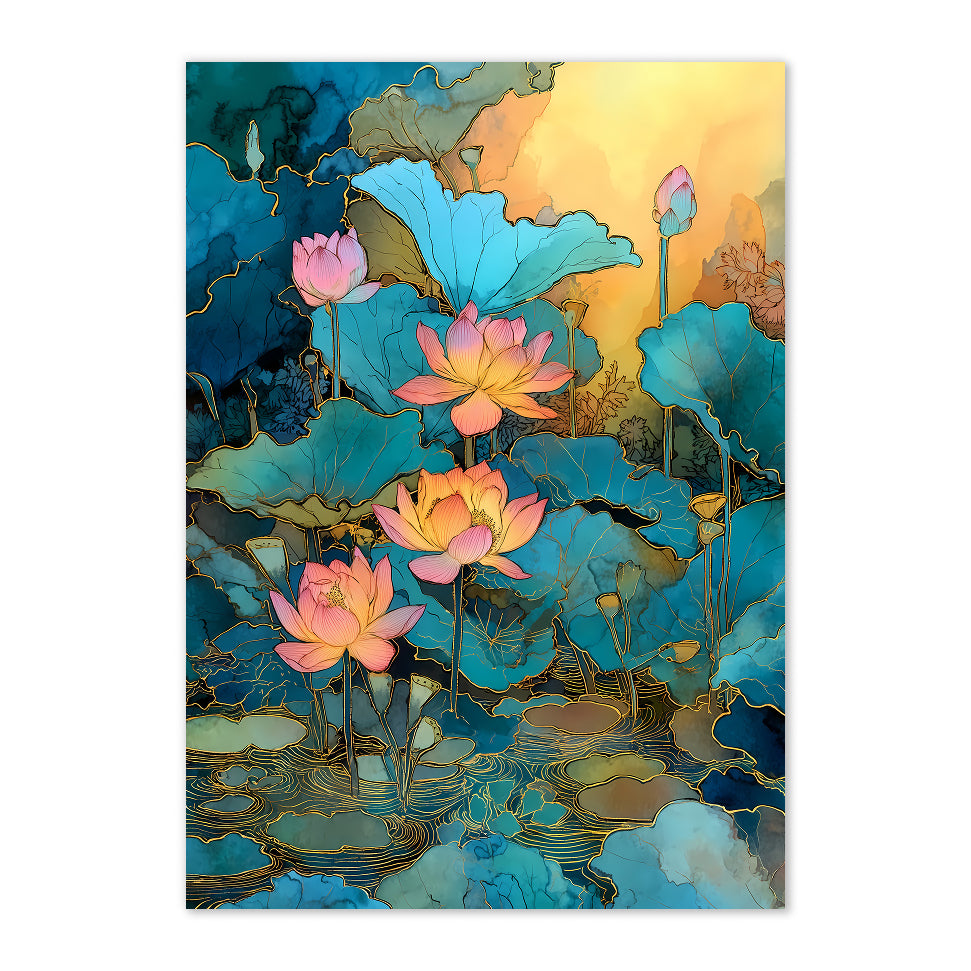 Colorful lotus flower painting with a gradient background