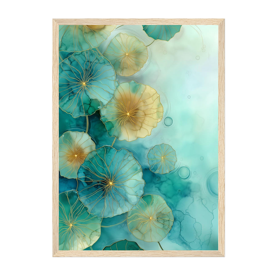 Teal and Gold Lotus Watercolor Art Print: Abstract Botanical Design