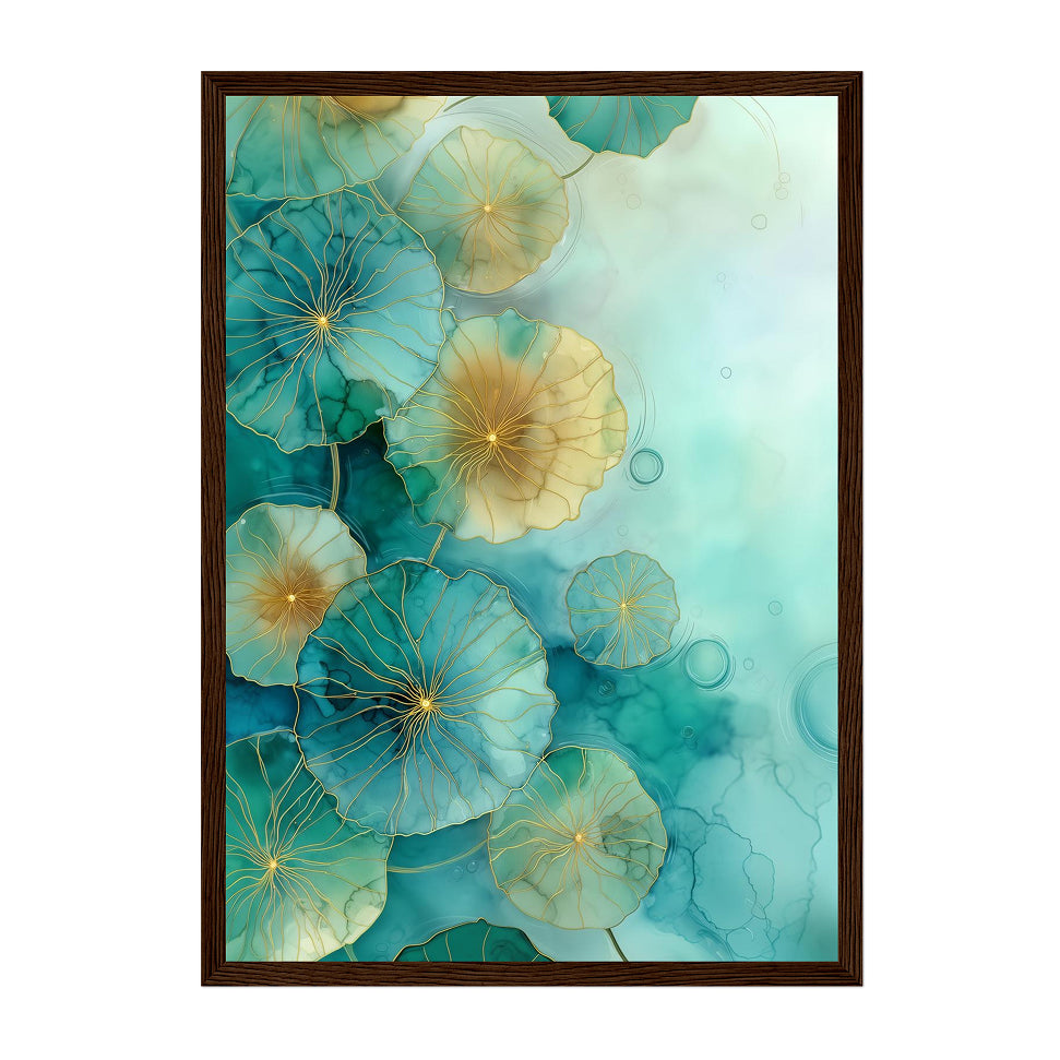 Teal and Gold Lotus Watercolor Art Print: Abstract Botanical Design