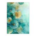 Artistic depiction of flowers with teal and gold colors on a textured background