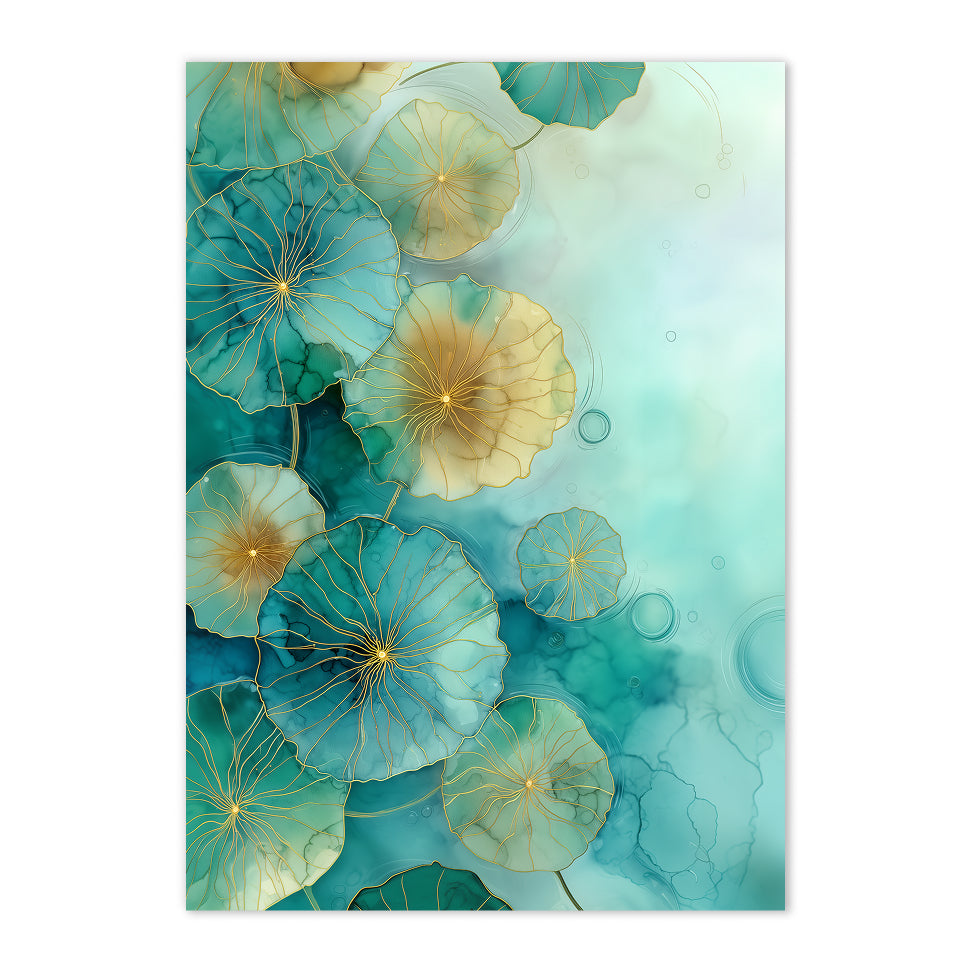 Artistic depiction of flowers with teal and gold colors on a textured background